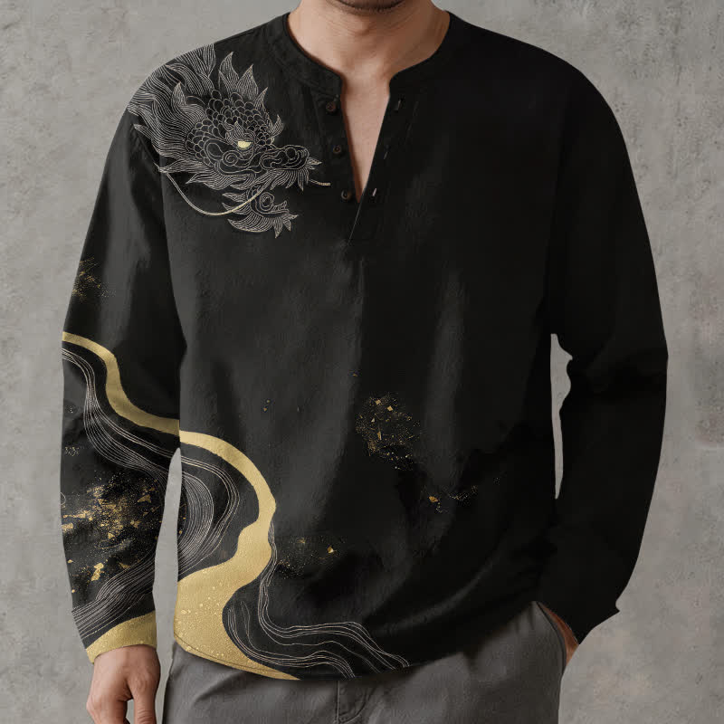 Buddha Stones Cotton Vintage Dragon Art Pattern V-Neck Buttons Men's Long Sleeve Shirts - image 1