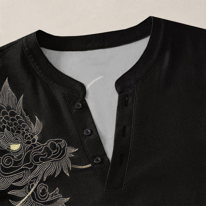 Buddha Stones Cotton Vintage Dragon Art Pattern V-Neck Buttons Men's Long Sleeve Shirts - image 4