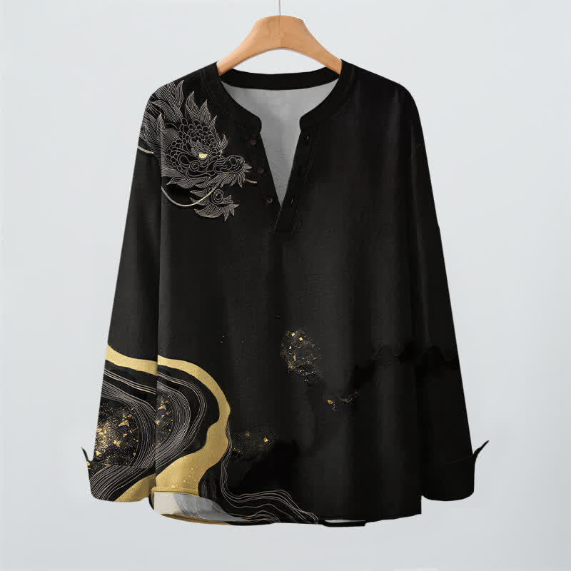 Buddha Stones Cotton Vintage Dragon Art Pattern V-Neck Buttons Men's Long Sleeve Shirts - image 2