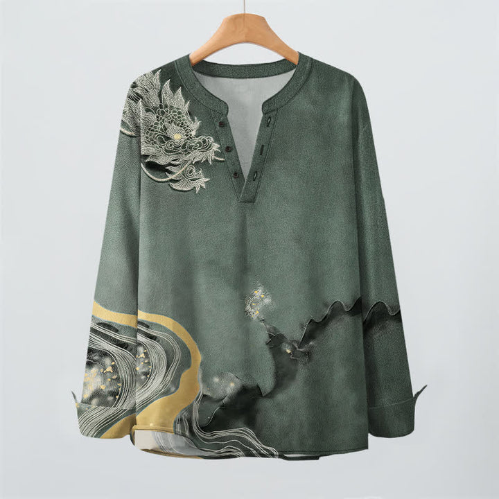 Buddha Stones Cotton Vintage Dragon Art Pattern V-Neck Buttons Men's Long Sleeve Shirts - image 9