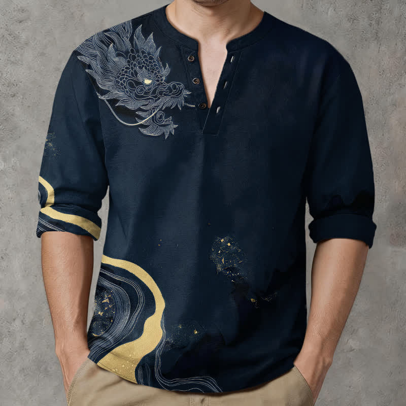 Buddha Stones Cotton Vintage Dragon Art Pattern V-Neck Buttons Men's Long Sleeve Shirts - MidnightBlue - US/UK/AU48，EU58 (4XL) - image 14