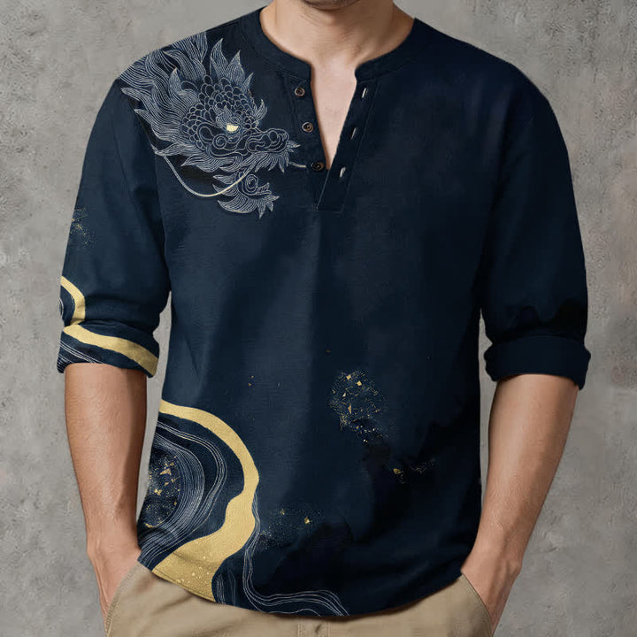 Buddha Stones Cotton Vintage Dragon Art Pattern V-Neck Buttons Men's Long Sleeve Shirts - MidnightBlue - US/UK/AU48，EU58 (4XL) - image 14