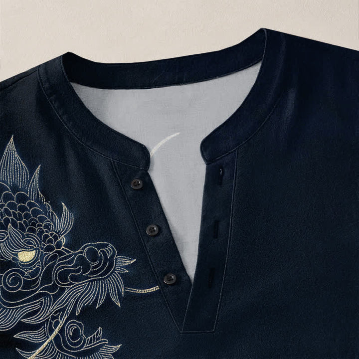 Buddha Stones Cotton Vintage Dragon Art Pattern V-Neck Buttons Men's Long Sleeve Shirts - image 18