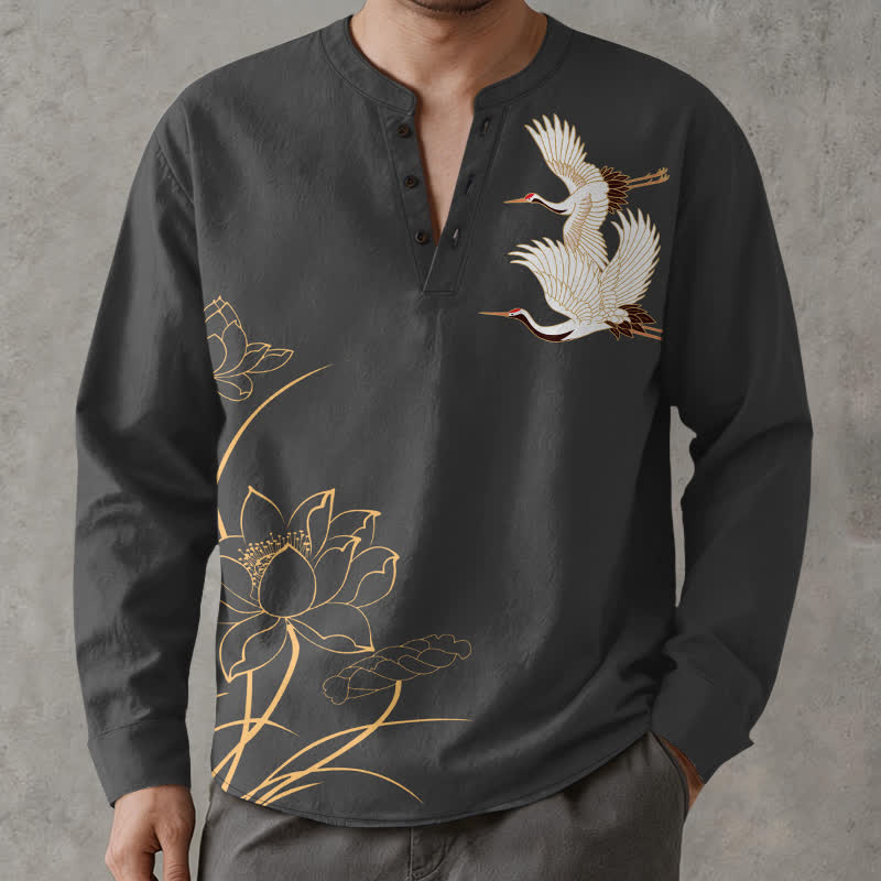 Buddha Stones Cotton Crane Lotus Pattern V-Neck Buttons Men's Long Sleeve Shirts - Black - US/UK/AU48，EU58 (4XL) - image 7