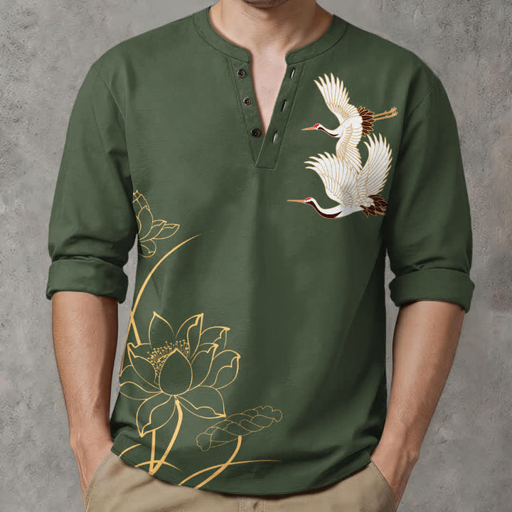 Buddha Stones Cotton Crane Lotus Pattern V-Neck Buttons Men's Long Sleeve Shirts - image 15