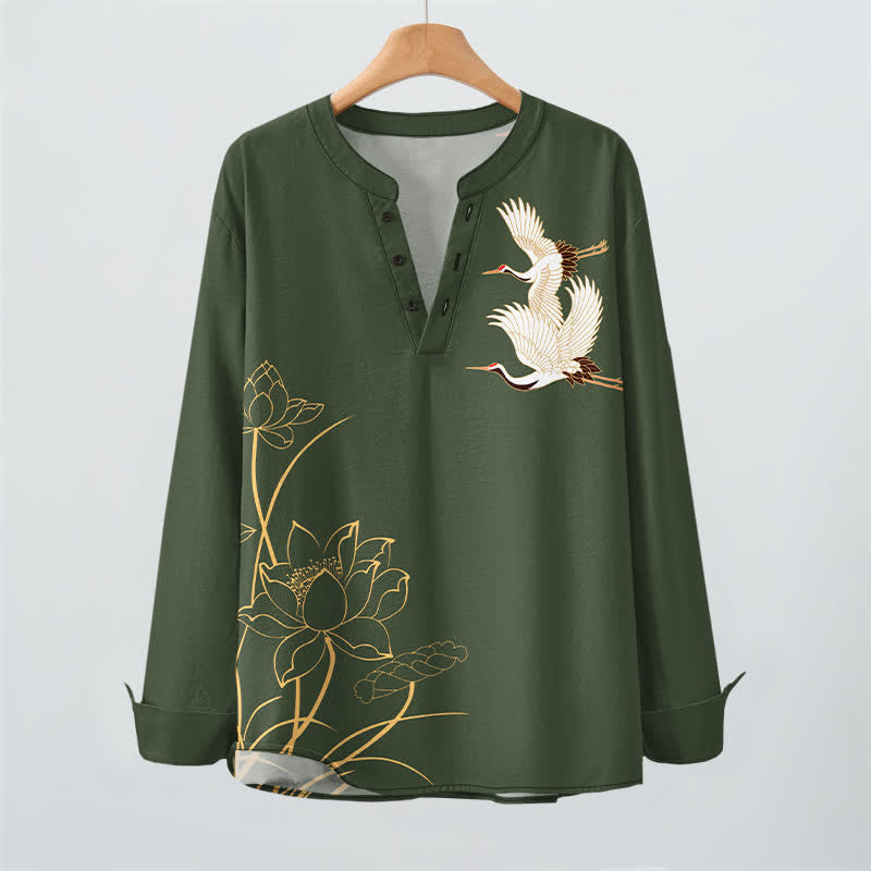 Buddha Stones Cotton Crane Lotus Pattern V-Neck Buttons Men's Long Sleeve Shirts - image 16