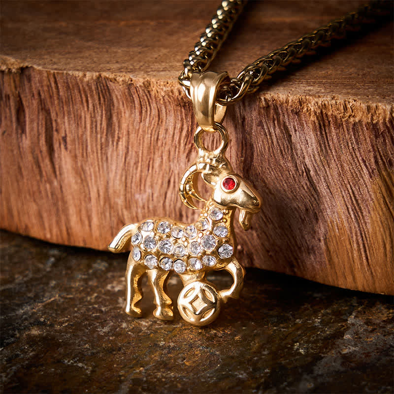 Buddha Stones Titanium Steel Chinese Zodiac Goat Prosperity Pendant Necklace - image 3