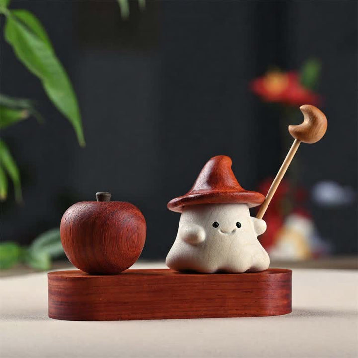 Buddha Stones Beech Wood Carved Small Elf Star Moon Healing Cute Cartoon Decor - Moon Apple + Base - image 7