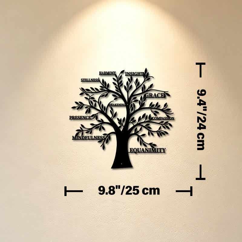 Buddha Stones Matte Black Tree of Life Mindfulness Healing Words Iron Metal Meaningful Symbols Wall Art - Approx. 25cm x 24cm x 0.1cm / 9.84in x 9.45in x 0.04in - image 2
