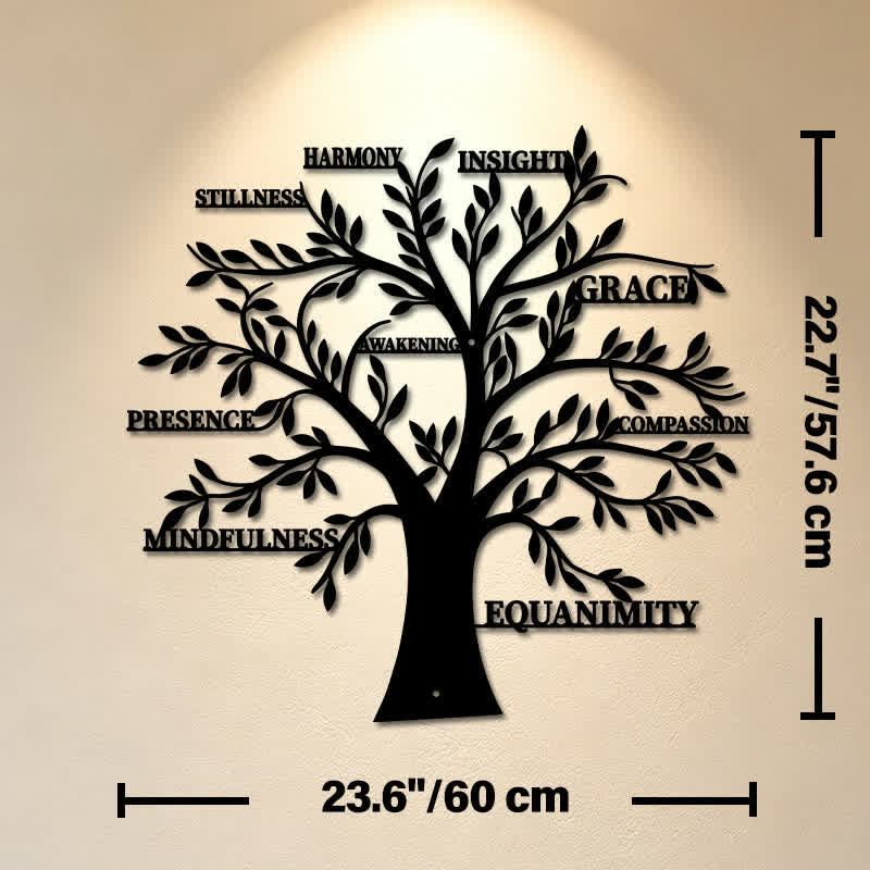 Buddha Stones Matte Black Tree of Life Mindfulness Healing Words Iron Metal Meaningful Symbols Wall Art - Approx. 60cm x 58cm x 0.12cm / 23.62in x 22.68in x 0.05in - image 12