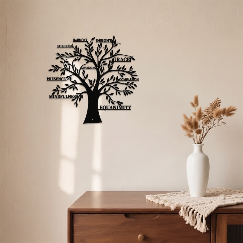 Buddha Stones Matte Black Tree of Life Mindfulness Healing Words Iron Metal Meaningful Symbols Wall Art - image 3