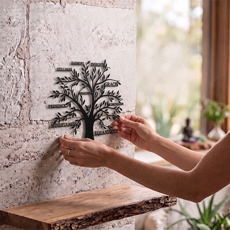 Buddha Stones Matte Black Tree of Life Mindfulness Healing Words Iron Metal Meaningful Symbols Wall Art - image 1