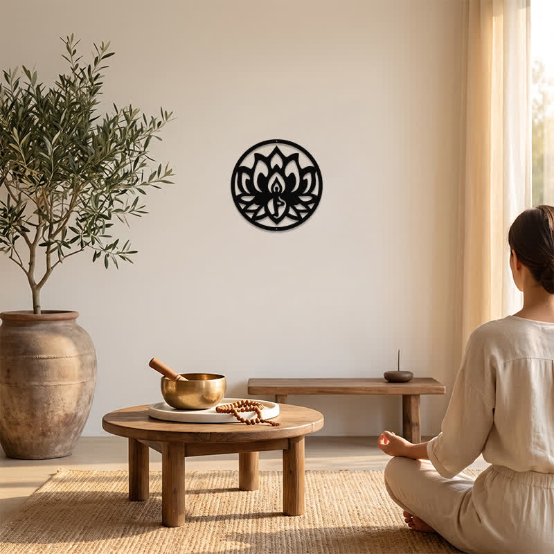 Buddha Stones Round Lotus Enlightenment Black Iron Metal Meaningful Symbols Wall Art - image 5