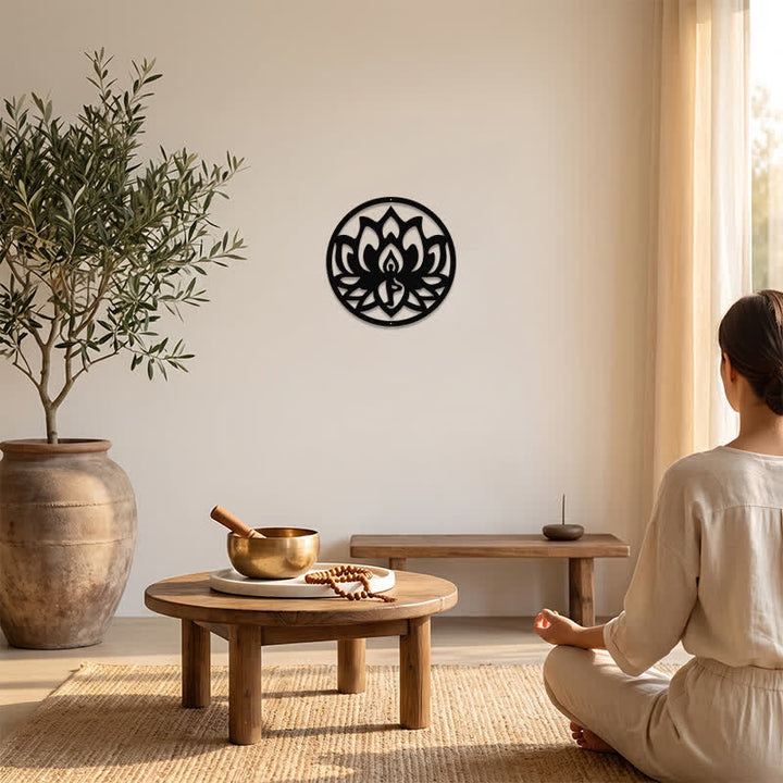 Buddha Stones Round Lotus Enlightenment Black Iron Metal Meaningful Symbols Wall Art - image 5