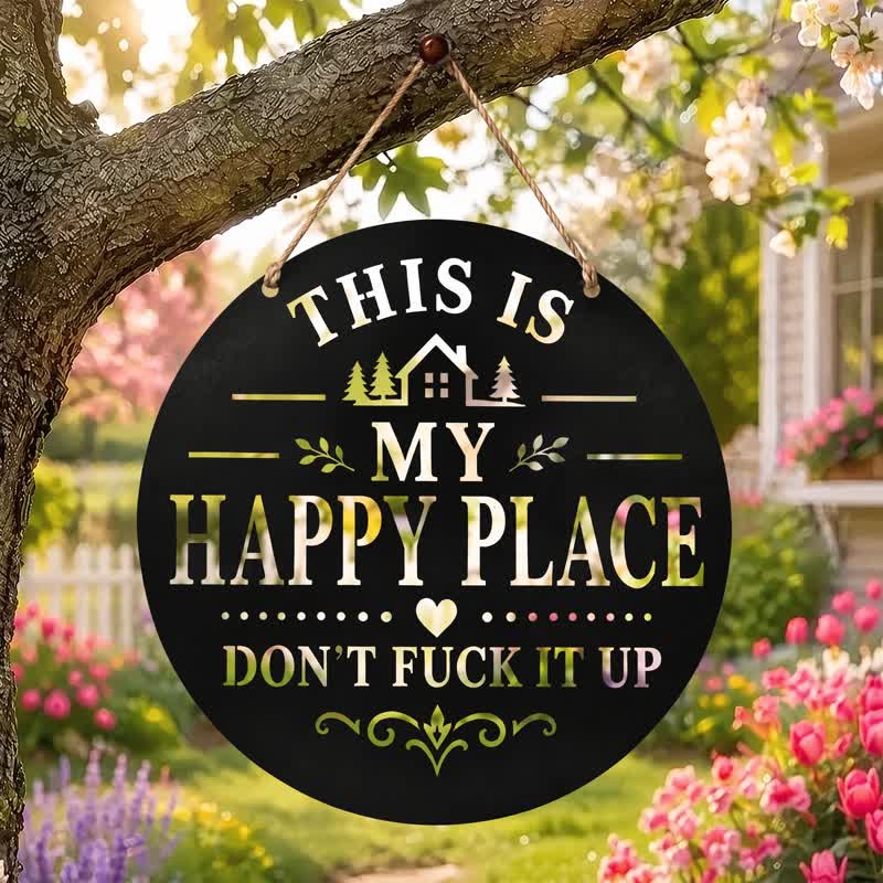 Buddha Stones "This Is My Happy Place" Quote Round Metal Iron Wall Decor - image 0