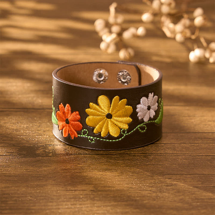 Buddha Stones Leather Hand-Woven Floral Embroidered Protection Bracelet - image 3