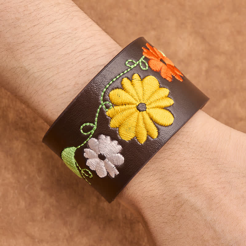 Buddha Stones Leather Hand-Woven Floral Embroidered Protection Bracelet - image 4