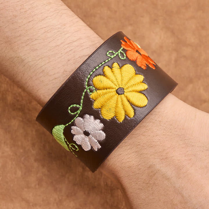 Buddha Stones Leather Hand-Woven Floral Embroidered Protection Bracelet - image 4