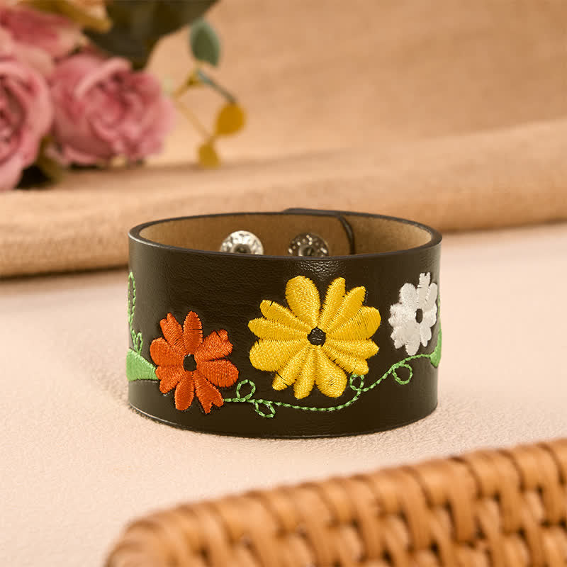 Buddha Stones Leather Hand-Woven Floral Embroidered Protection Bracelet - Orange Yellow White(Wrist Circumference: Approx. 6.7–7.5 in / 17-19cm) - image 0