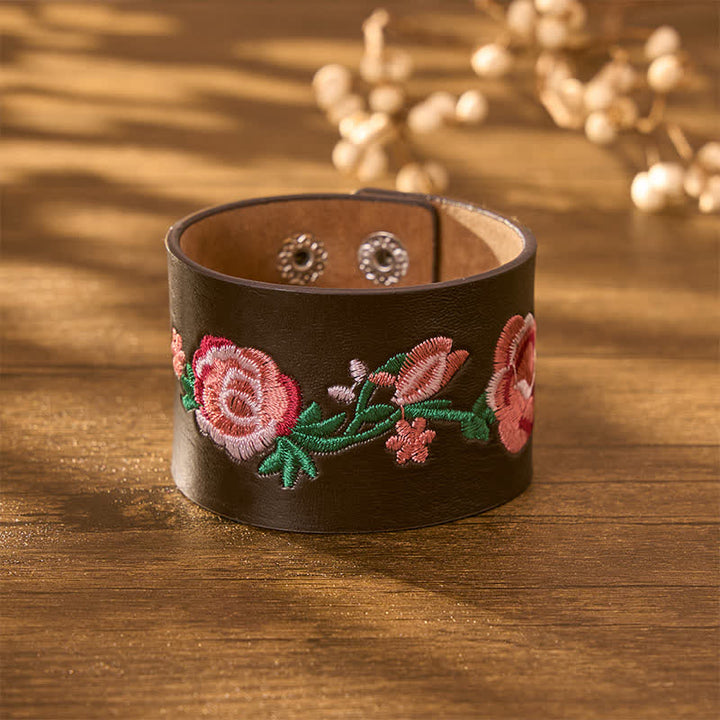 Buddha Stones Vintage Floral Rose Butterfly Embroidered Leather Buckle Bracelet - image 19