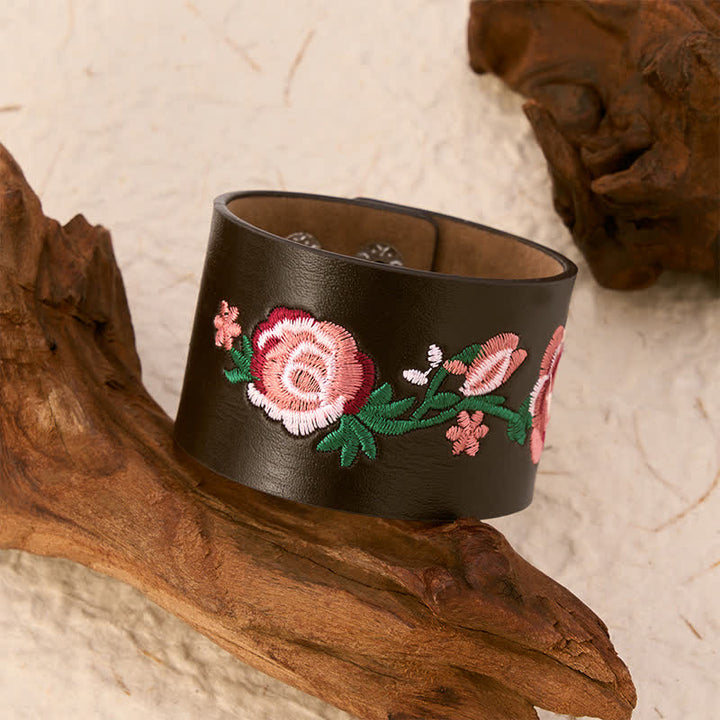 Buddha Stones Vintage Floral Rose Butterfly Embroidered Leather Buckle Bracelet - image 18