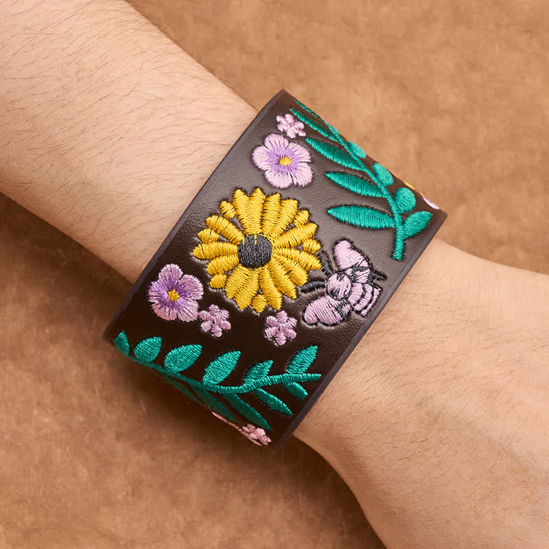 Buddha Stones Vintage Floral Rose Butterfly Embroidered Leather Buckle Bracelet - image 4