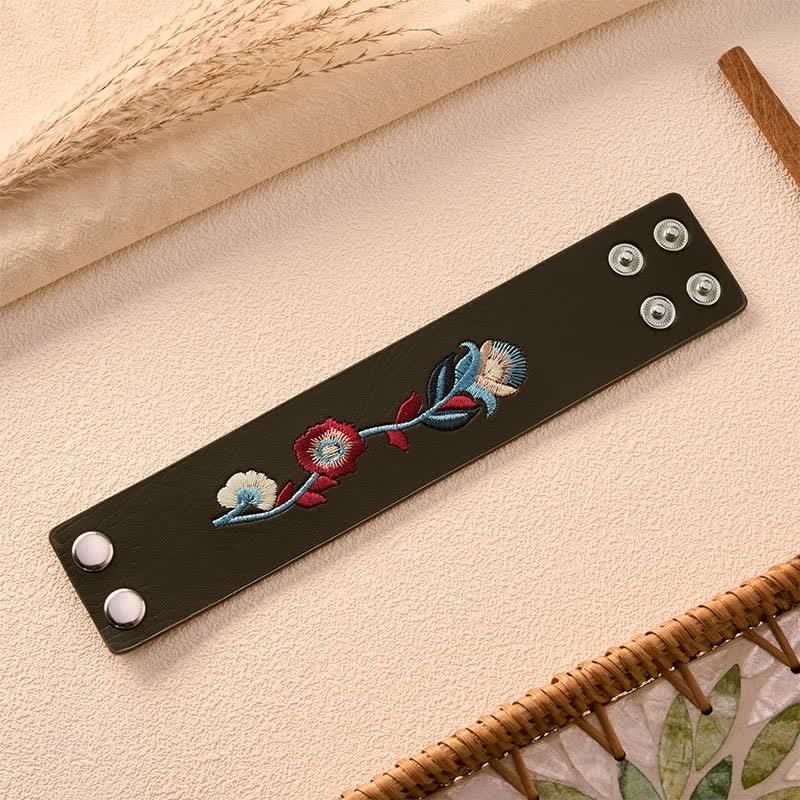 Buddha Stones Vintage Floral Rose Butterfly Embroidered Leather Buckle Bracelet - image 14