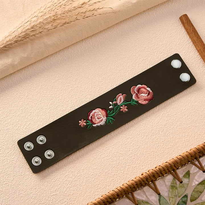 Buddha Stones Vintage Floral Rose Butterfly Embroidered Leather Buckle Bracelet - image 21