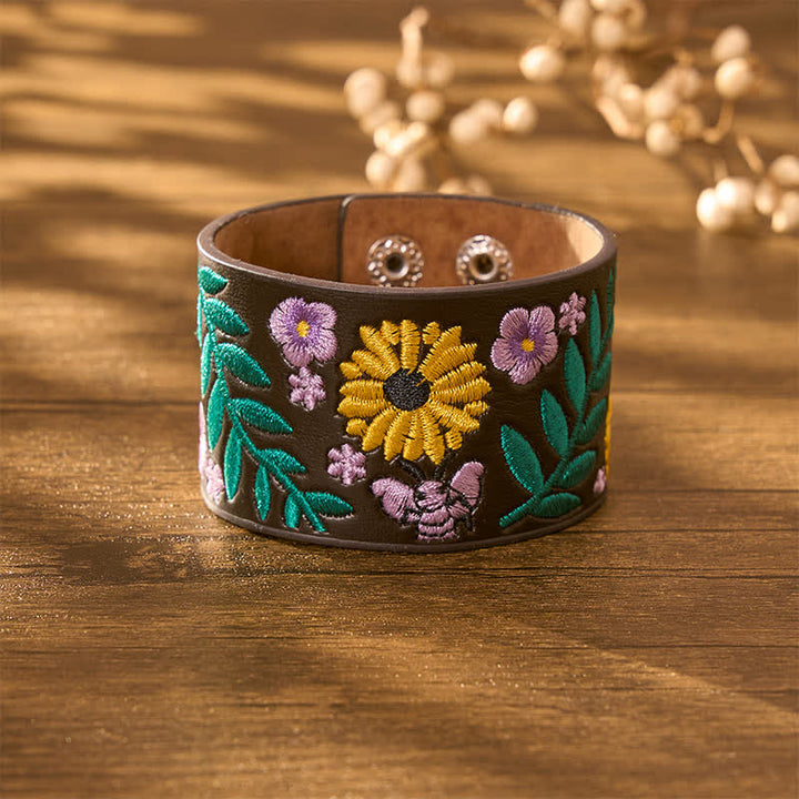 Buddha Stones Vintage Floral Rose Butterfly Embroidered Leather Buckle Bracelet - image 3