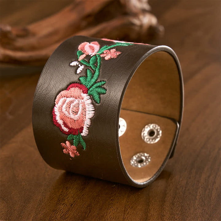 Buddha Stones Vintage Floral Rose Butterfly Embroidered Leather Buckle Bracelet - image 17