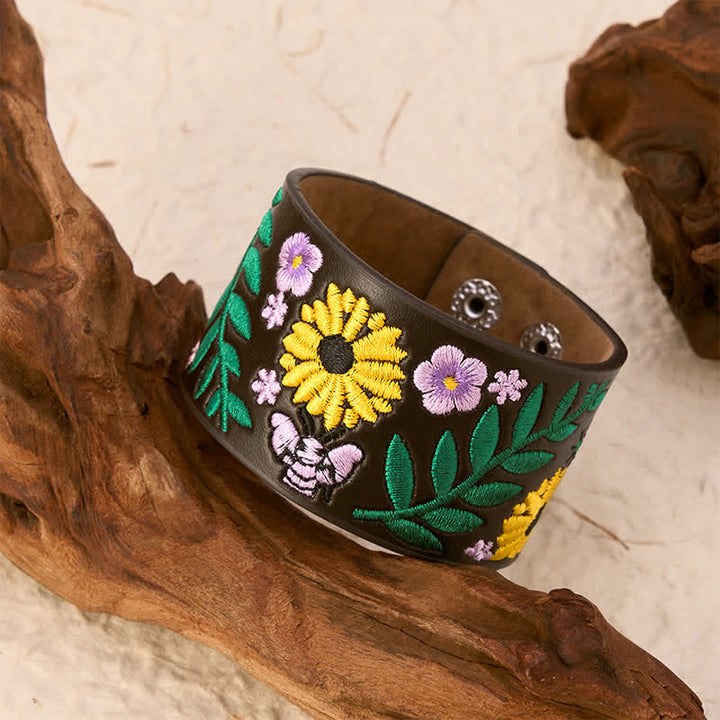 Buddha Stones Vintage Floral Rose Butterfly Embroidered Leather Buckle Bracelet - image 2