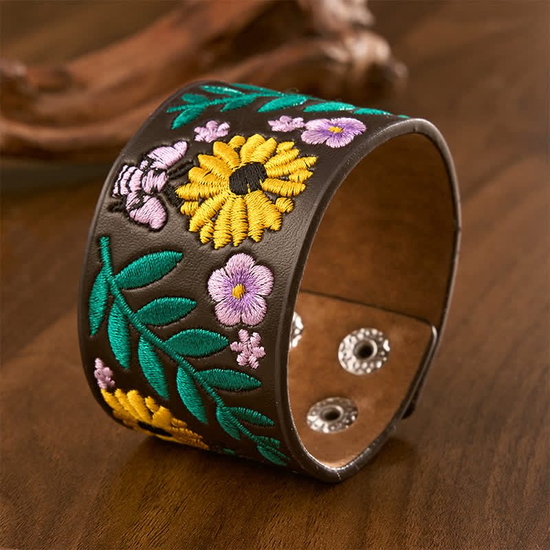 Buddha Stones Vintage Floral Rose Butterfly Embroidered Leather Buckle Bracelet - image 1