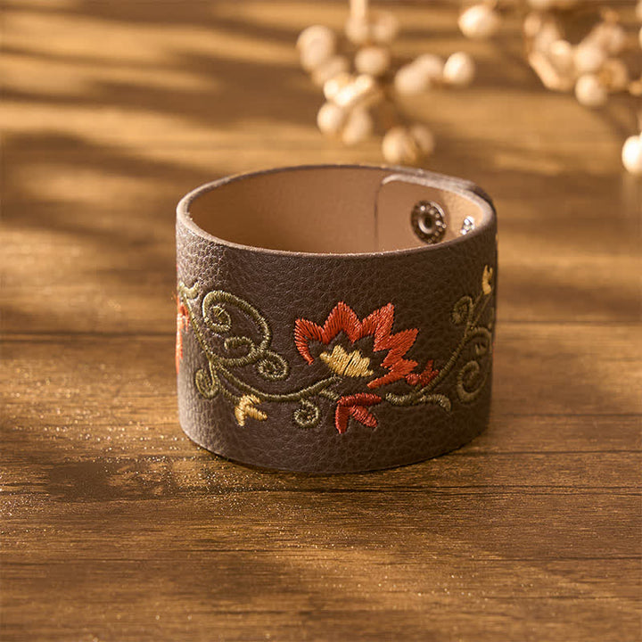 Buddha Stones Protection Leather Floral Embroidered Adjustable Buckle Bracelet - image 2