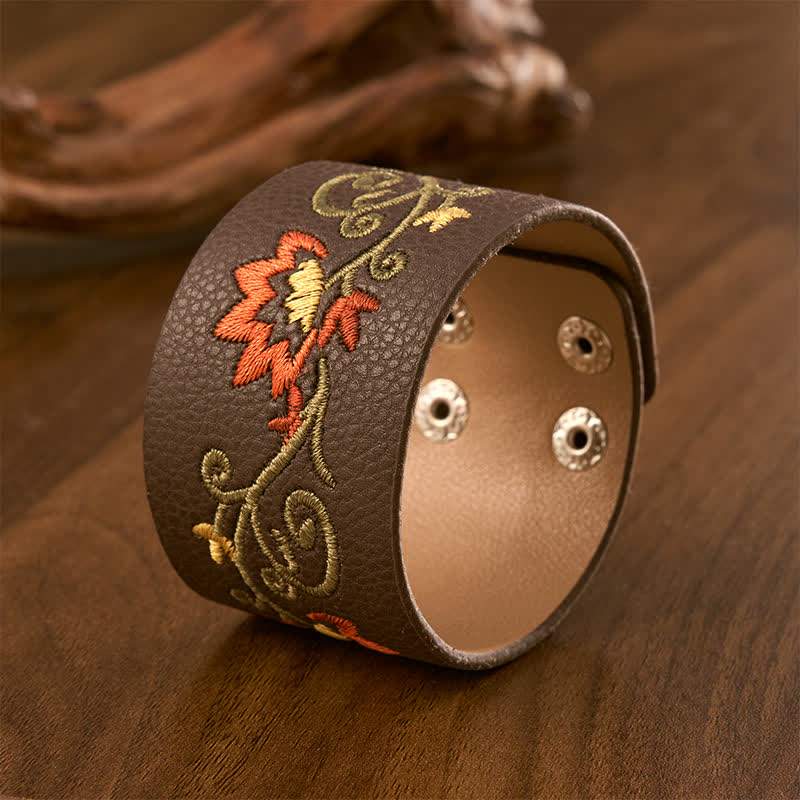 Buddha Stones Protection Leather Floral Embroidered Adjustable Buckle Bracelet - image 1
