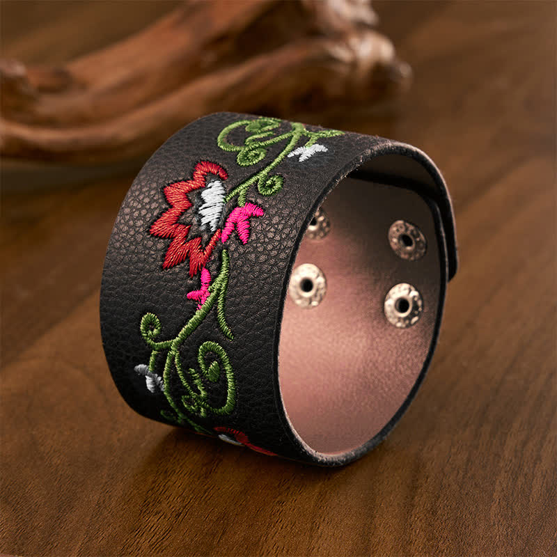 Buddha Stones Protection Leather Floral Embroidered Adjustable Buckle Bracelet - image 9