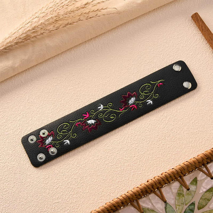 Buddha Stones Protection Leather Floral Embroidered Adjustable Buckle Bracelet - image 13
