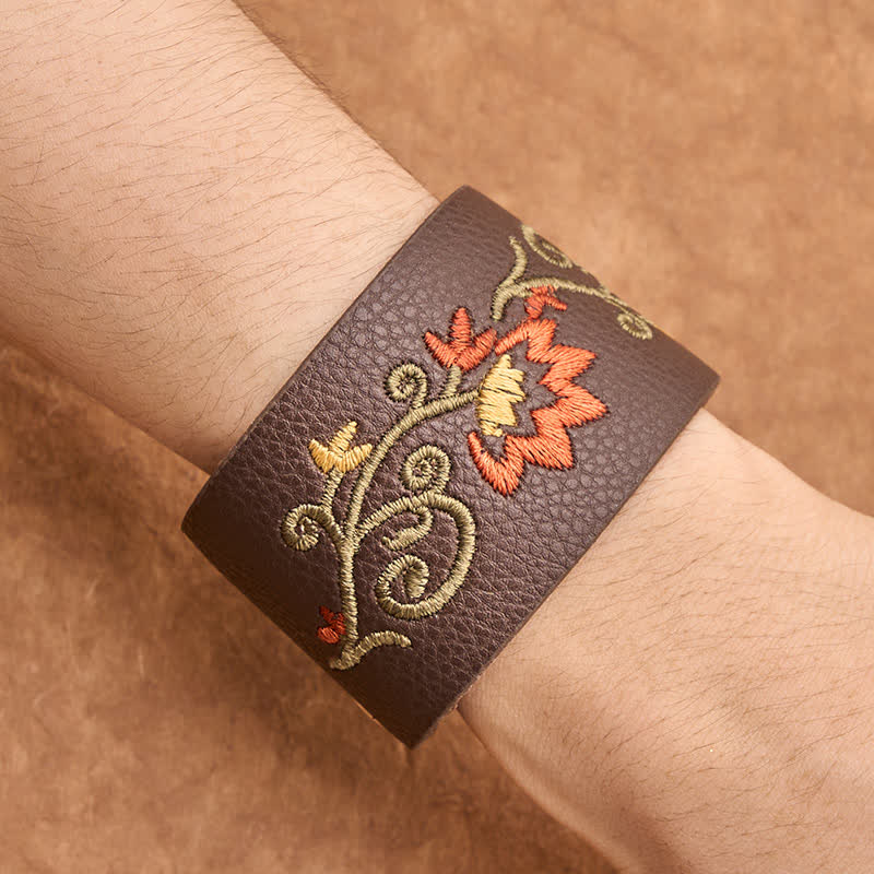 Buddha Stones Protection Leather Floral Embroidered Adjustable Buckle Bracelet - image 4