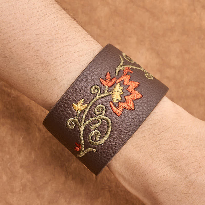 Buddha Stones Protection Leather Floral Embroidered Adjustable Buckle Bracelet - image 4