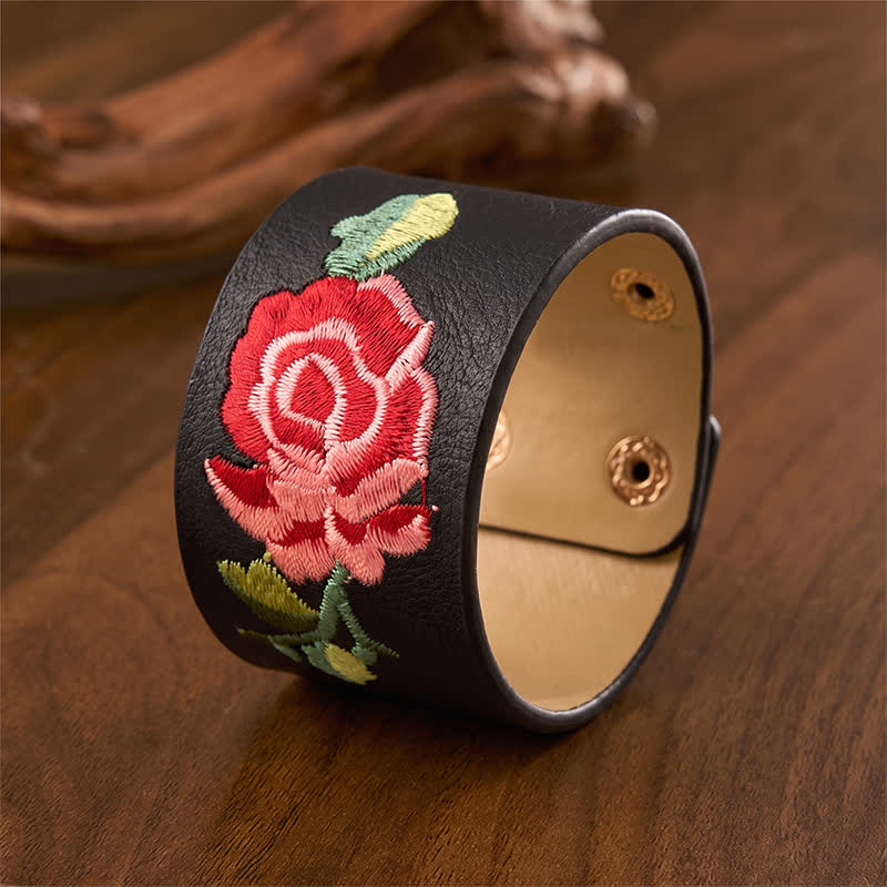 Buddha Stones Leather Embroidered Rose Wide Protection Buckle Bracelet - image 2
