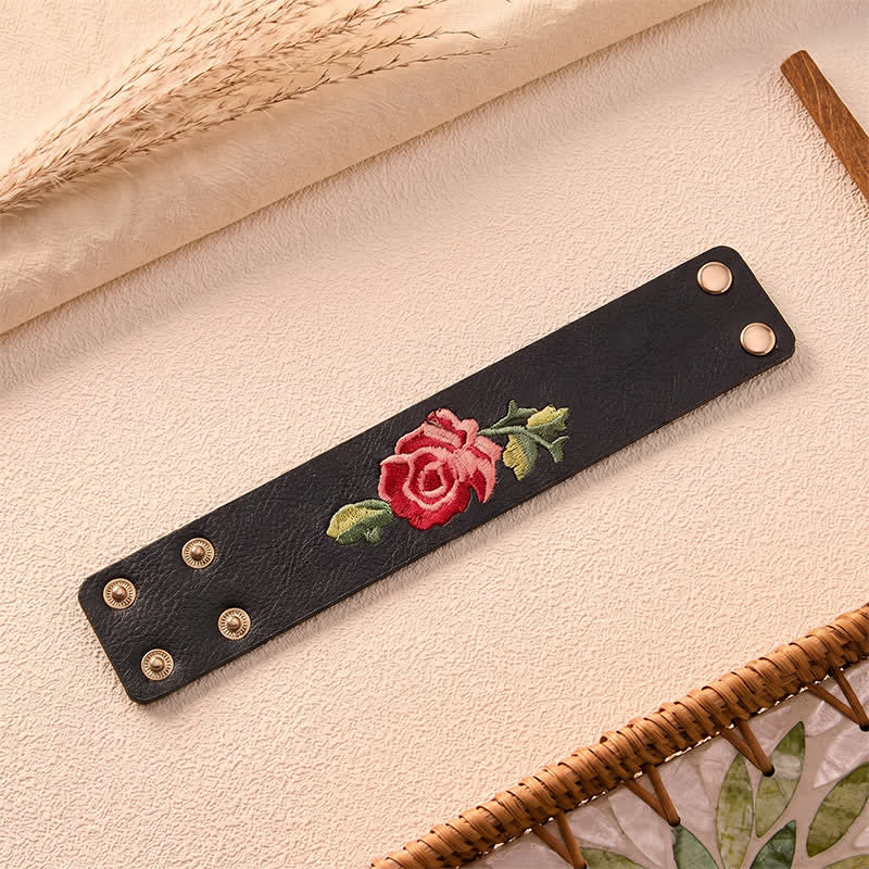 Buddha Stones Leather Embroidered Rose Wide Protection Buckle Bracelet - image 5