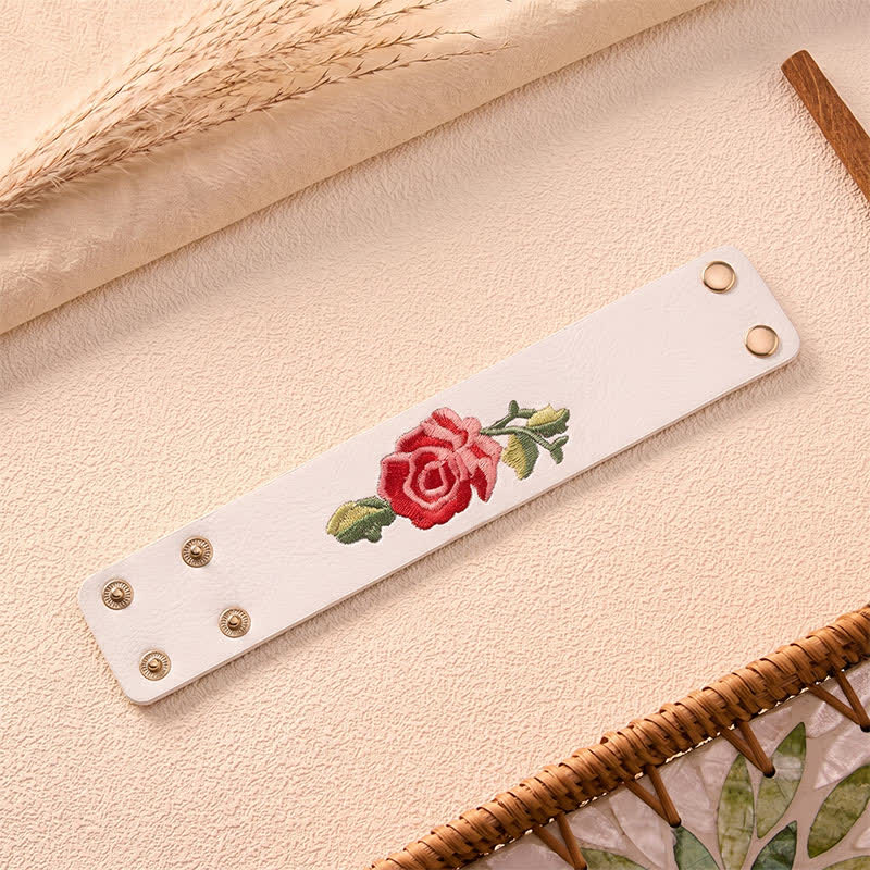 Buddha Stones Leather Embroidered Rose Wide Protection Buckle Bracelet - image 26