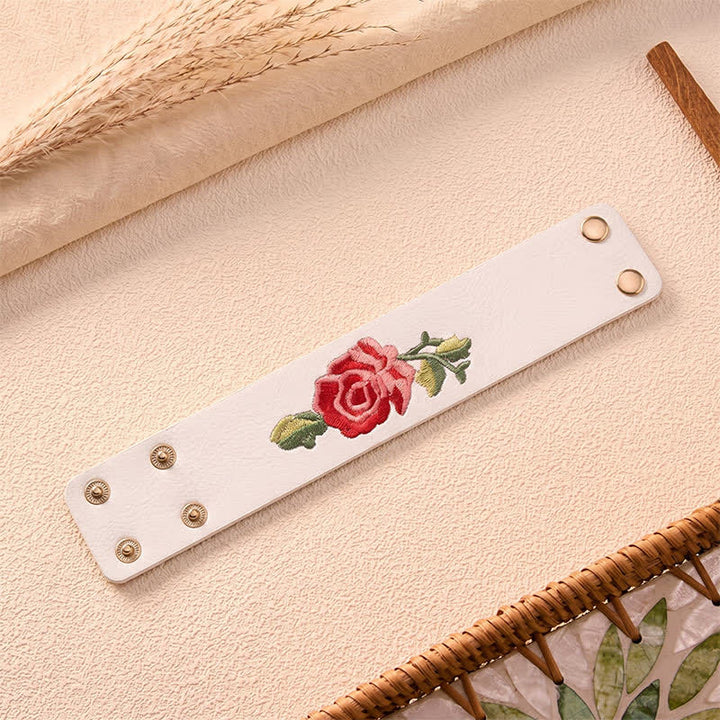 Buddha Stones Leather Embroidered Rose Wide Protection Buckle Bracelet - image 26