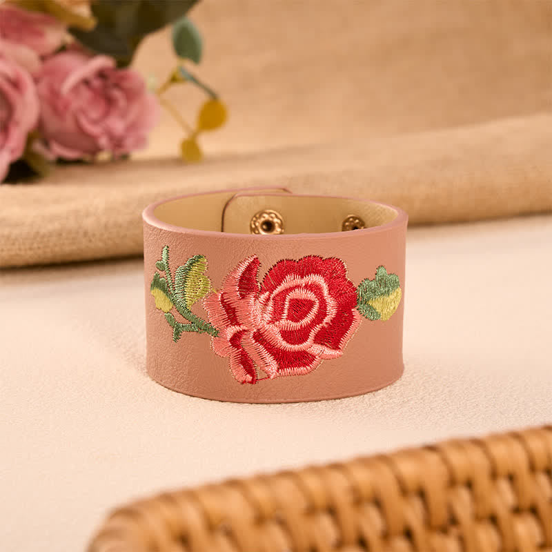 Buddha Stones Leather Embroidered Rose Wide Protection Buckle Bracelet - Dusty Pink(Wrist Circumference: Approx. 5.9–7.1 in / 15–18 cm) - image 14