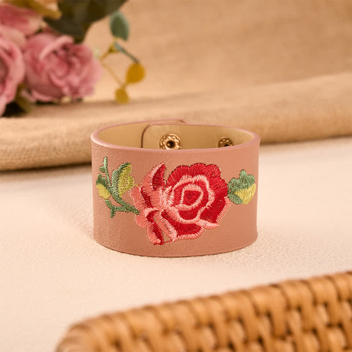Buddha Stones Leather Embroidered Rose Wide Protection Buckle Bracelet - Dusty Pink(Wrist Circumference: Approx. 5.9–7.1 in / 15–18 cm) - image 14