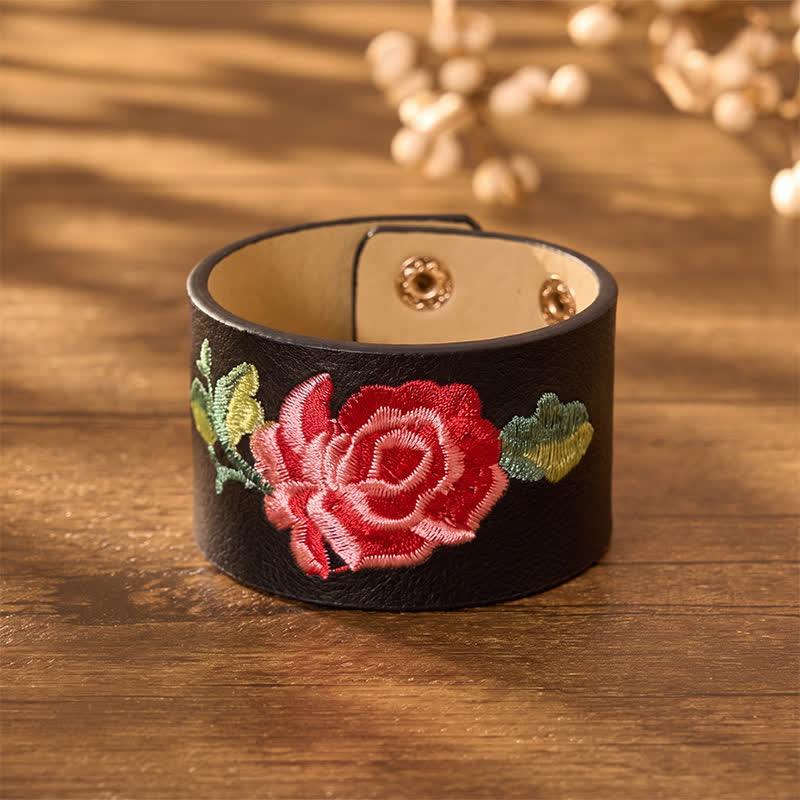 Buddha Stones Leather Embroidered Rose Wide Protection Buckle Bracelet - image 1