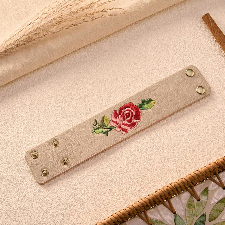 Buddha Stones Leather Embroidered Rose Wide Protection Buckle Bracelet - image 12