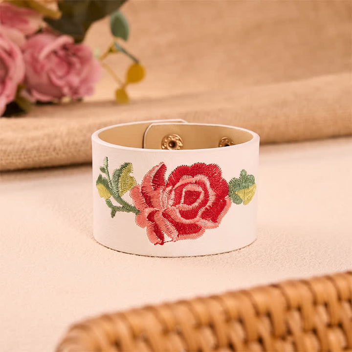 Buddha Stones Leather Embroidered Rose Wide Protection Buckle Bracelet - White(Wrist Circumference: Approx. 5.9–7.1 in / 15–18 cm) - image 21