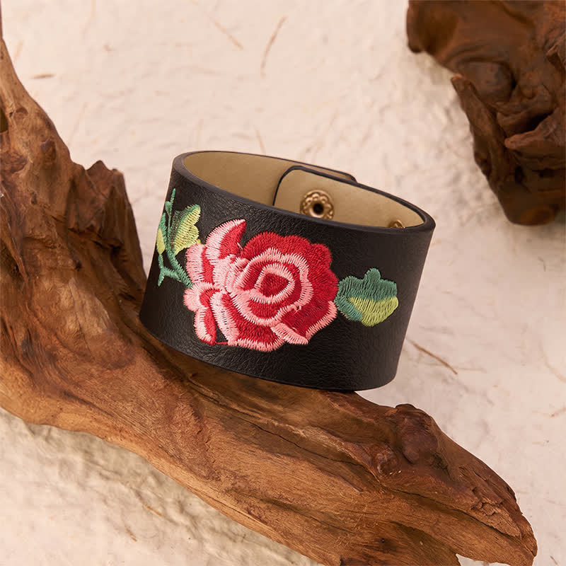 Buddha Stones Leather Embroidered Rose Wide Protection Buckle Bracelet - image 3
