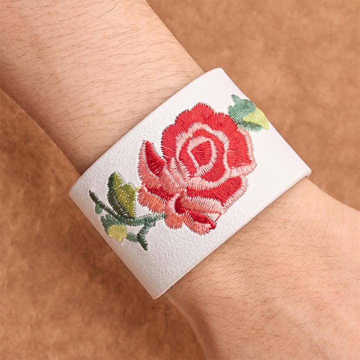Buddha Stones Leather Embroidered Rose Wide Protection Buckle Bracelet - image 25