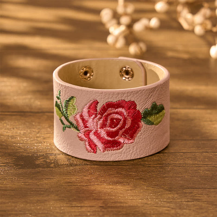 Buddha Stones Leather Embroidered Rose Wide Protection Buckle Bracelet - image 8